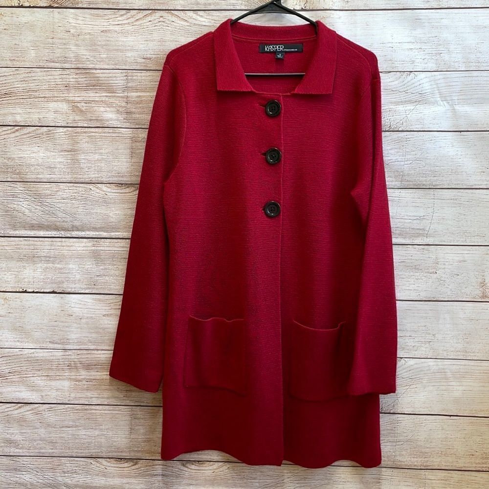 KASPER WOOL BLEND TUNIC LENGTH CARDIGAN SWEATER IN RED‎